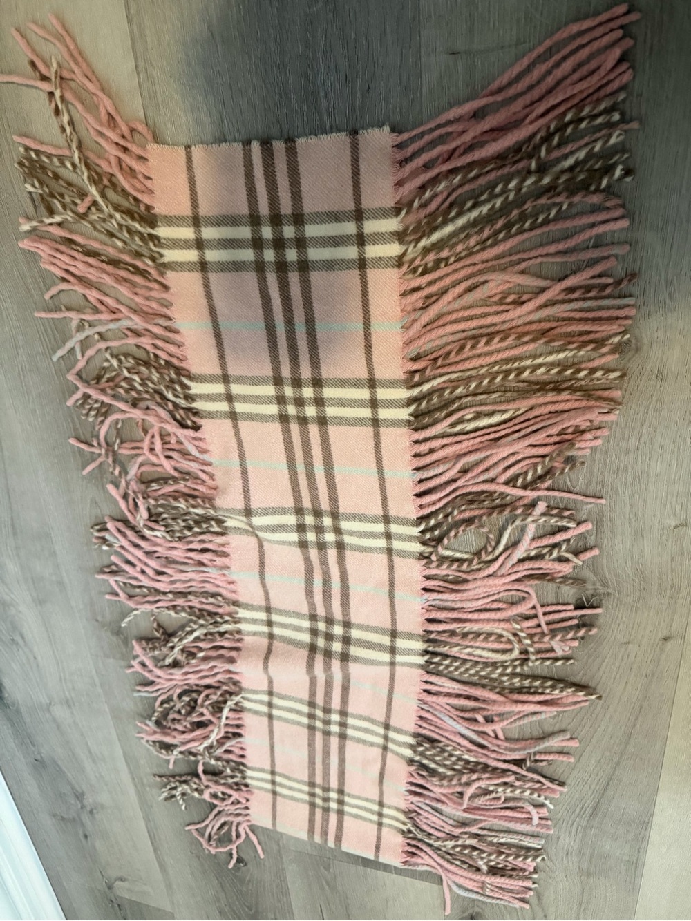 Burberry Pink Cashmere Plaid Check Fringe Scarf - Picture 7 of 7